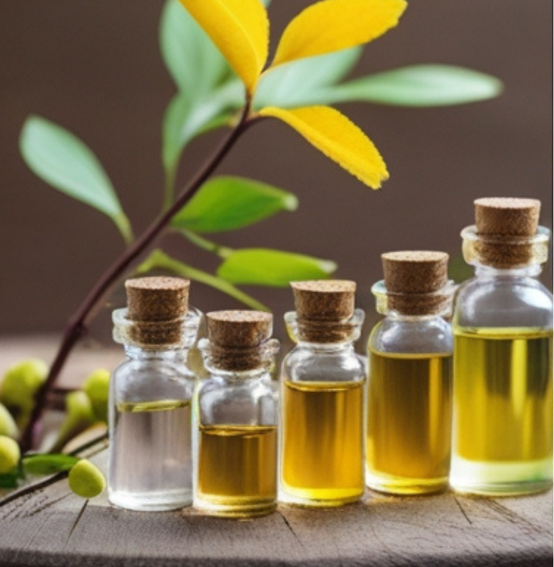 Collection of small glass bottles with cork lids containing liquid on a wooden surface with green leaves.